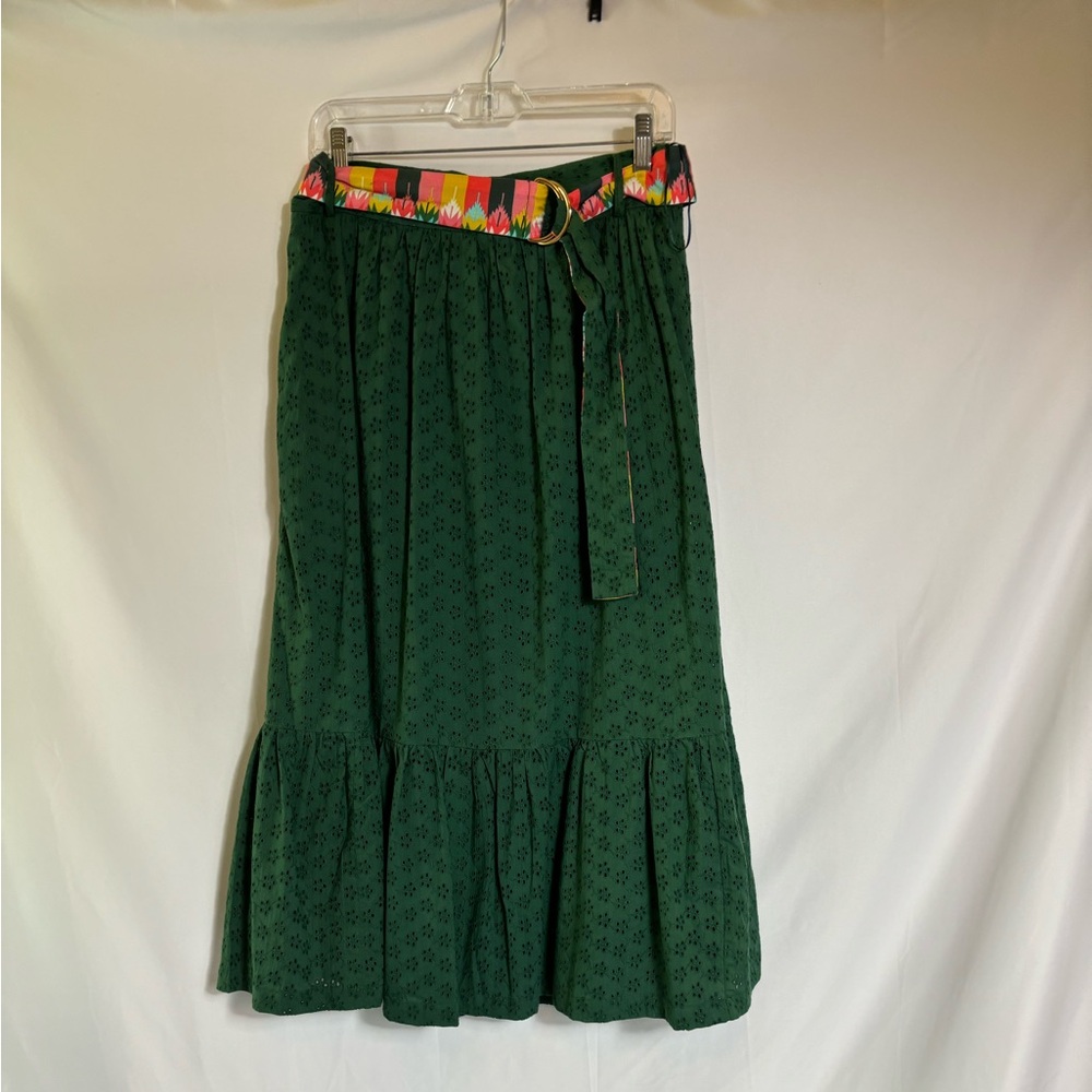 Forest green eyelet midi skirt with reversible belt, Size: M